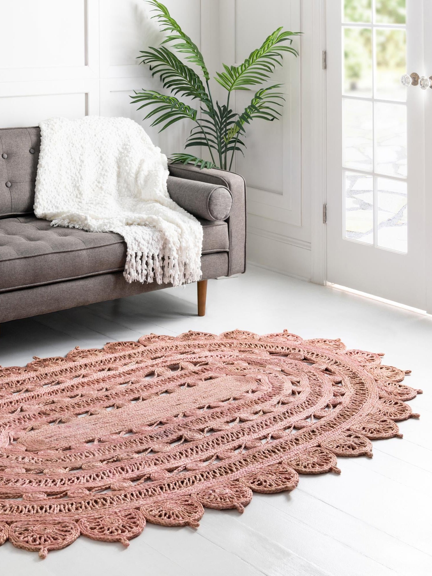 Pink 4' 1 x 6' 1 Braided Jute Oval Area Rug 100% Jute Hand Braided Natural Eco-Friendly Boho Style Carpet for Living Rooms Dining Office Space Dorms for Sale at Rug Engine