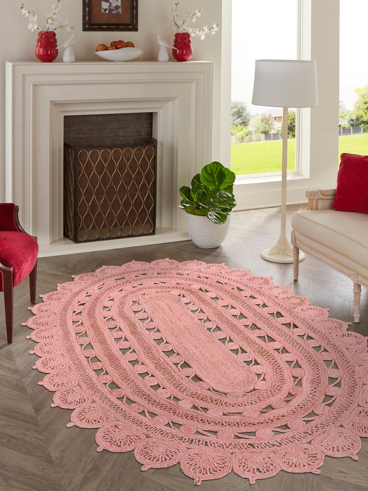 Pink 3' 1 x 5' 1 Braided Jute Oval Area Rug 100% Jute Hand Braided Natural Eco-Friendly Boho Style Carpet for Living Rooms Dining Office Space Dorms for Sale at Rug Engine