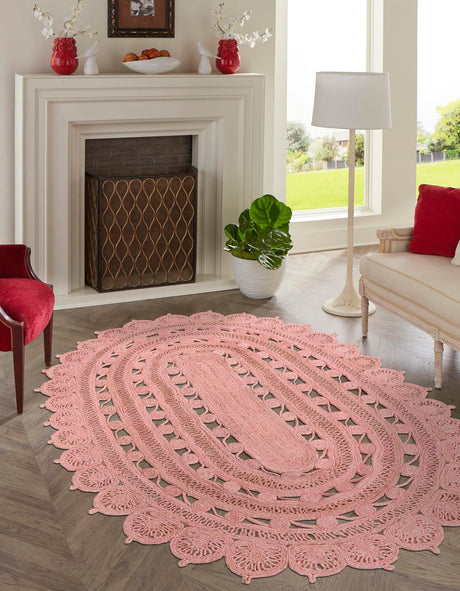 Pink 5' 1 x 8' Braided Jute Oval Area Rug 100% Jute Hand Braided Natural Eco-Friendly Boho Style Carpet for Living Rooms Dining Office Space Dorms for Sale at Rug Engine