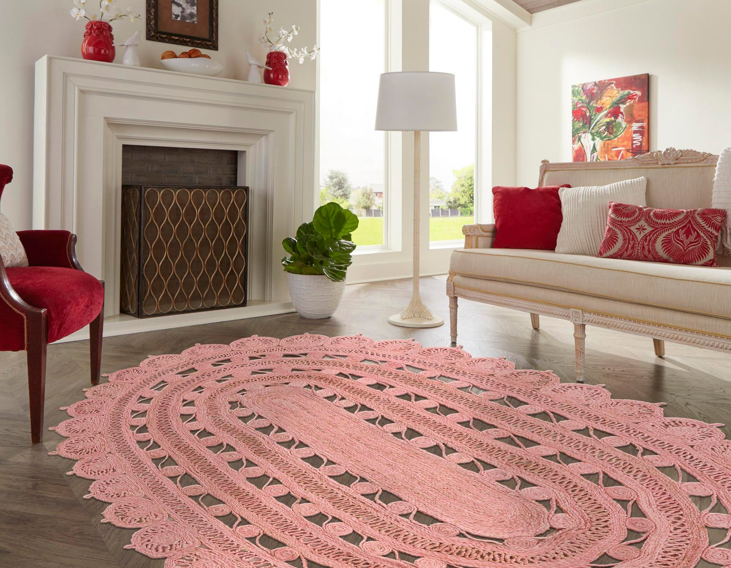 Pink 5' 1 x 8' Braided Jute Oval Area Rug 100% Jute Hand Braided Natural Eco-Friendly Boho Style Carpet for Living Rooms Dining Office Space Dorms for Sale at Rug Engine