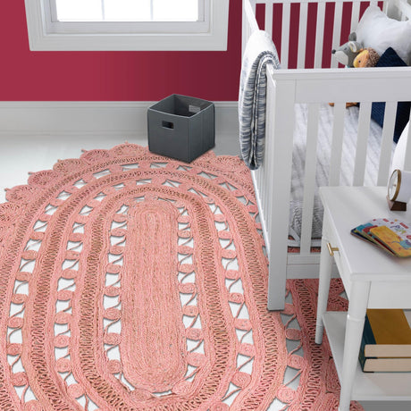 Pink 7' 10 x 10' Braided Jute Oval Area Rug 100% Jute Hand Braided Natural Eco-Friendly Boho Style Carpet for Living Rooms Dining Office Space Dorms for Sale at Rug Engine