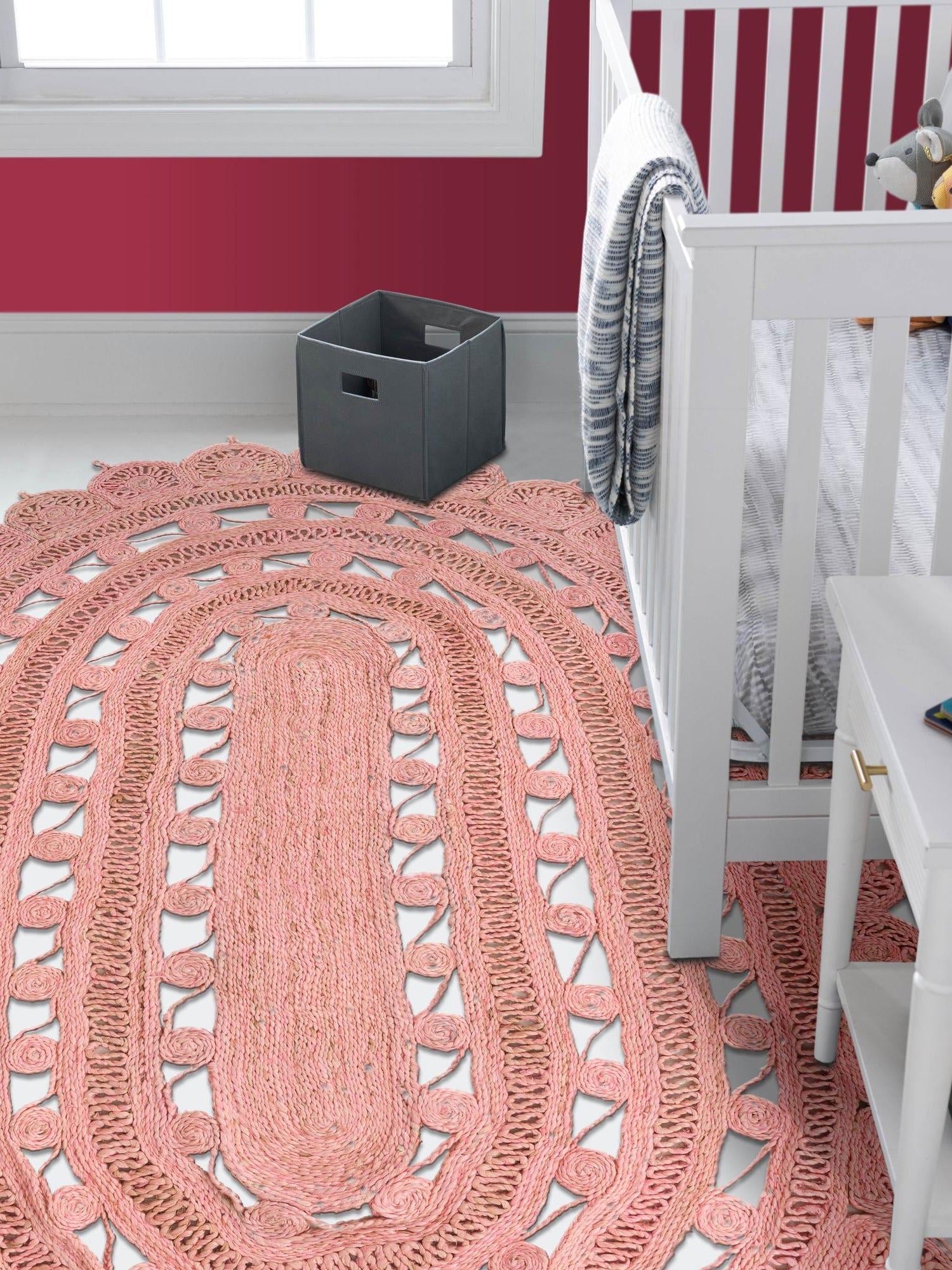 Pink 2' x 3' 1 Braided Jute Oval Area Rug 100% Jute Hand Braided Natural Eco-Friendly Boho Style Carpet for Living Rooms Dining Office Space Dorms for Sale at Rug Engine