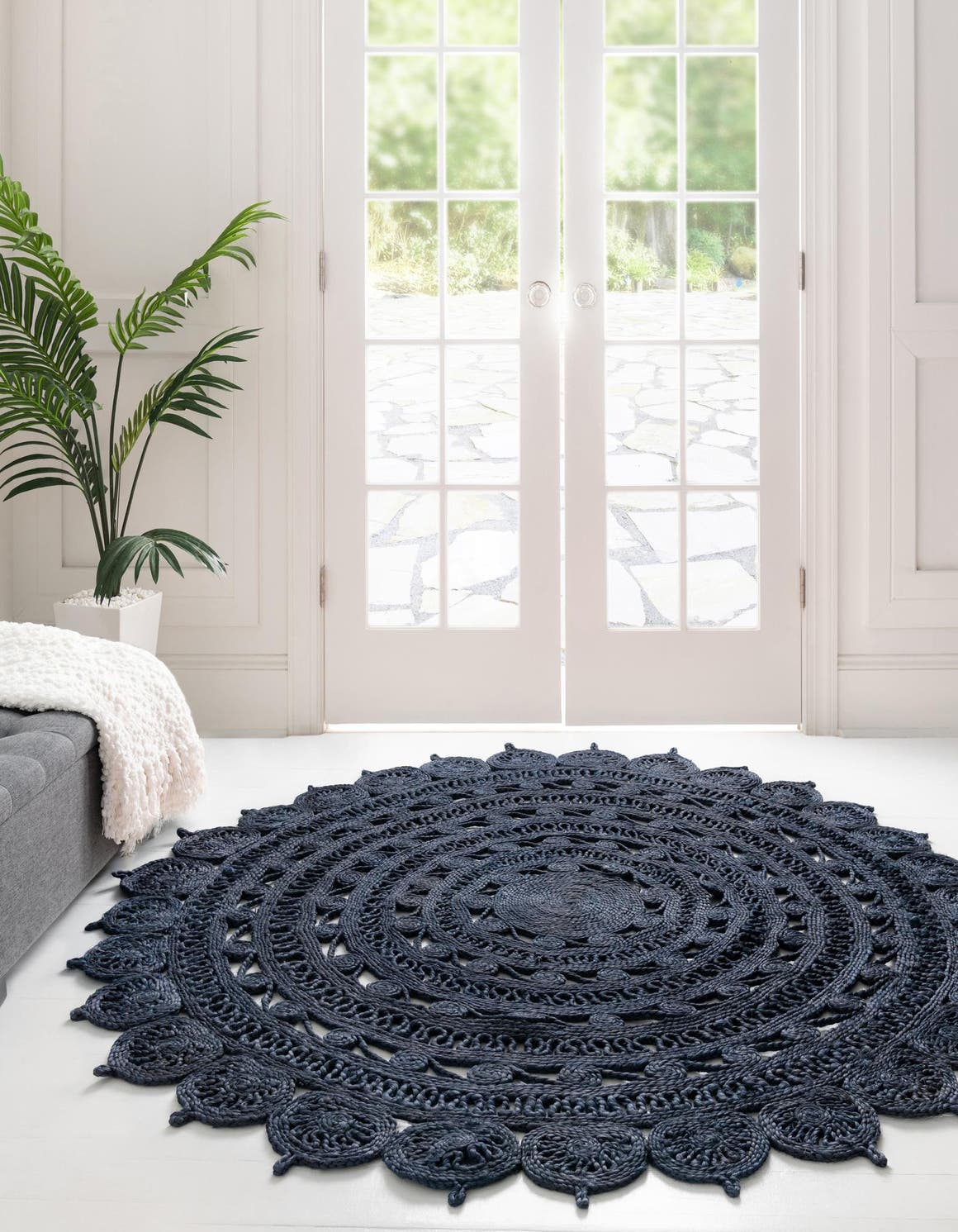 Navy Blue 5' 1 x 5' 1 Braided Jute Round Area Rug 100% Jute Hand Braided Natural Eco-Friendly Boho Style Carpet for Living Rooms Dining Office Space Dorms for Sale at Rug Engine