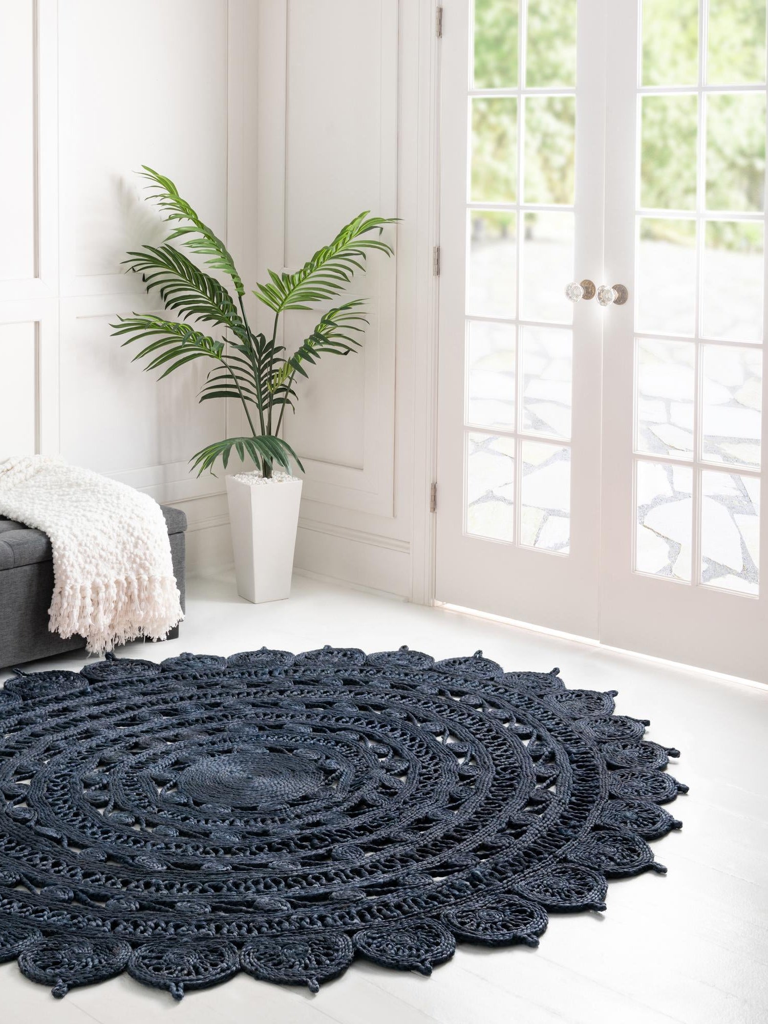 Navy Blue 6' 1 x 6' 1 Braided Jute Round Area Rug 100% Jute Hand Braided Natural Eco-Friendly Boho Style Carpet for Living Rooms Dining Office Space Dorms for Sale at Rug Engine