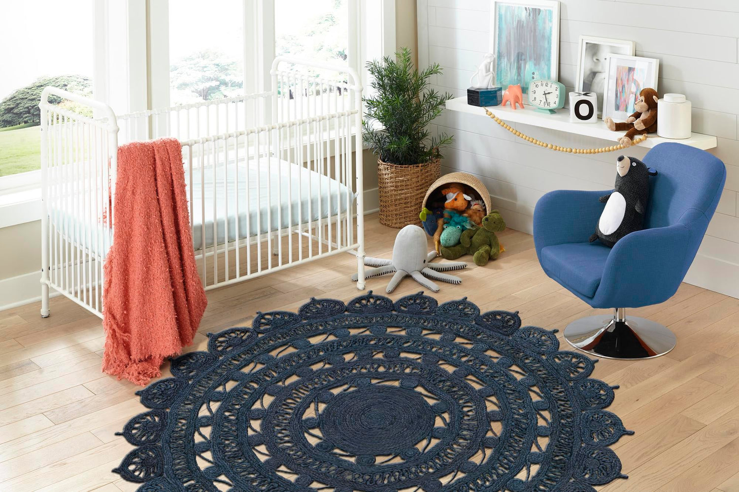 Navy Blue 2' x 2' Braided Jute Round Area Rug 100% Jute Hand Braided Natural Eco-Friendly Boho Style Carpet for Living Rooms Dining Office Space Dorms for Sale at Rug Engine
