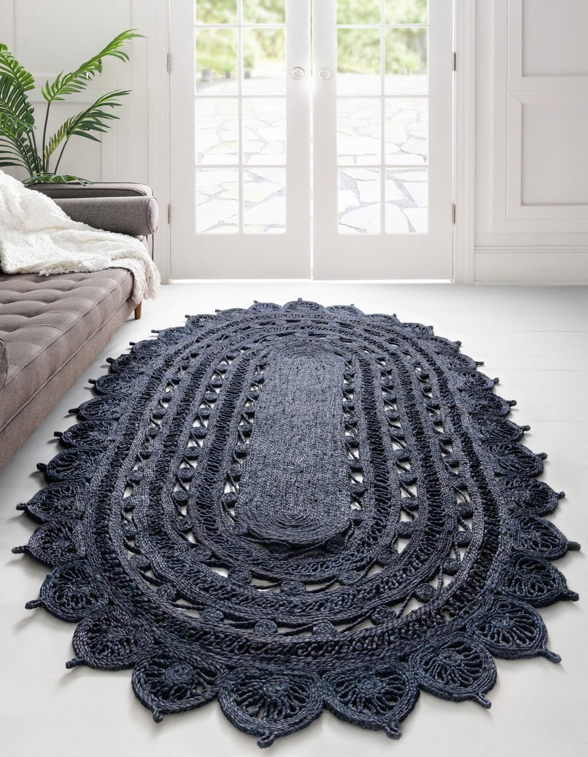 Navy Blue 5' 1 x 8' Braided Jute Oval Area Rug 100% Jute Hand Braided Natural Eco-Friendly Boho Style Carpet for Living Rooms Dining Office Space Dorms for Sale at Rug Engine