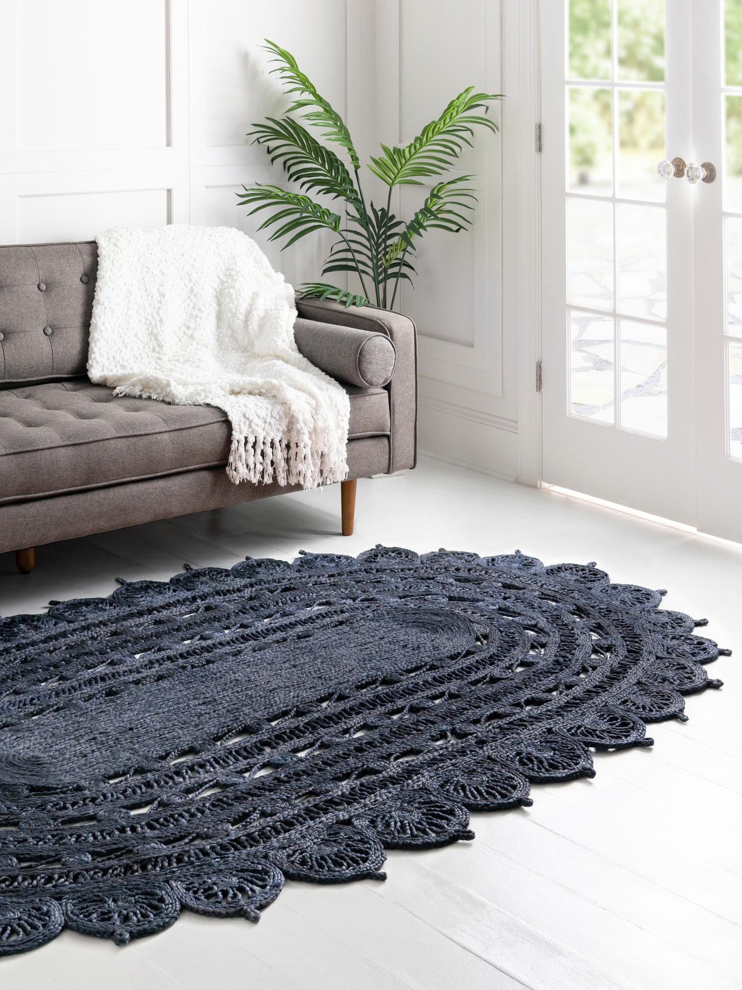 Navy Blue 5' 1 x 8' Braided Jute Oval Area Rug 100% Jute Hand Braided Natural Eco-Friendly Boho Style Carpet for Living Rooms Dining Office Space Dorms for Sale at Rug Engine