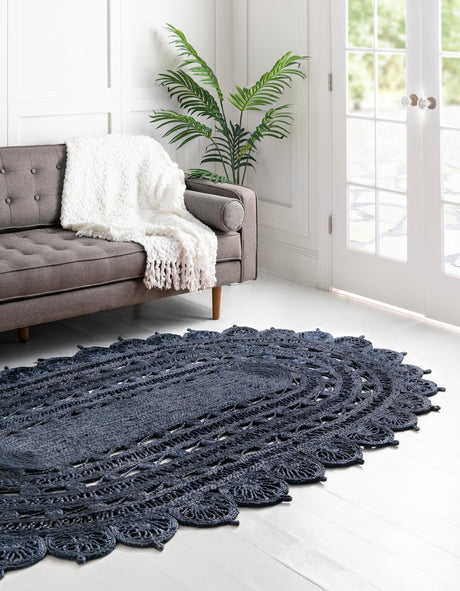 Navy Blue 7' 10 x 10' Braided Jute Oval Area Rug 100% Jute Hand Braided Natural Eco-Friendly Boho Style Carpet for Living Rooms Dining Office Space Dorms for Sale at Rug Engine
