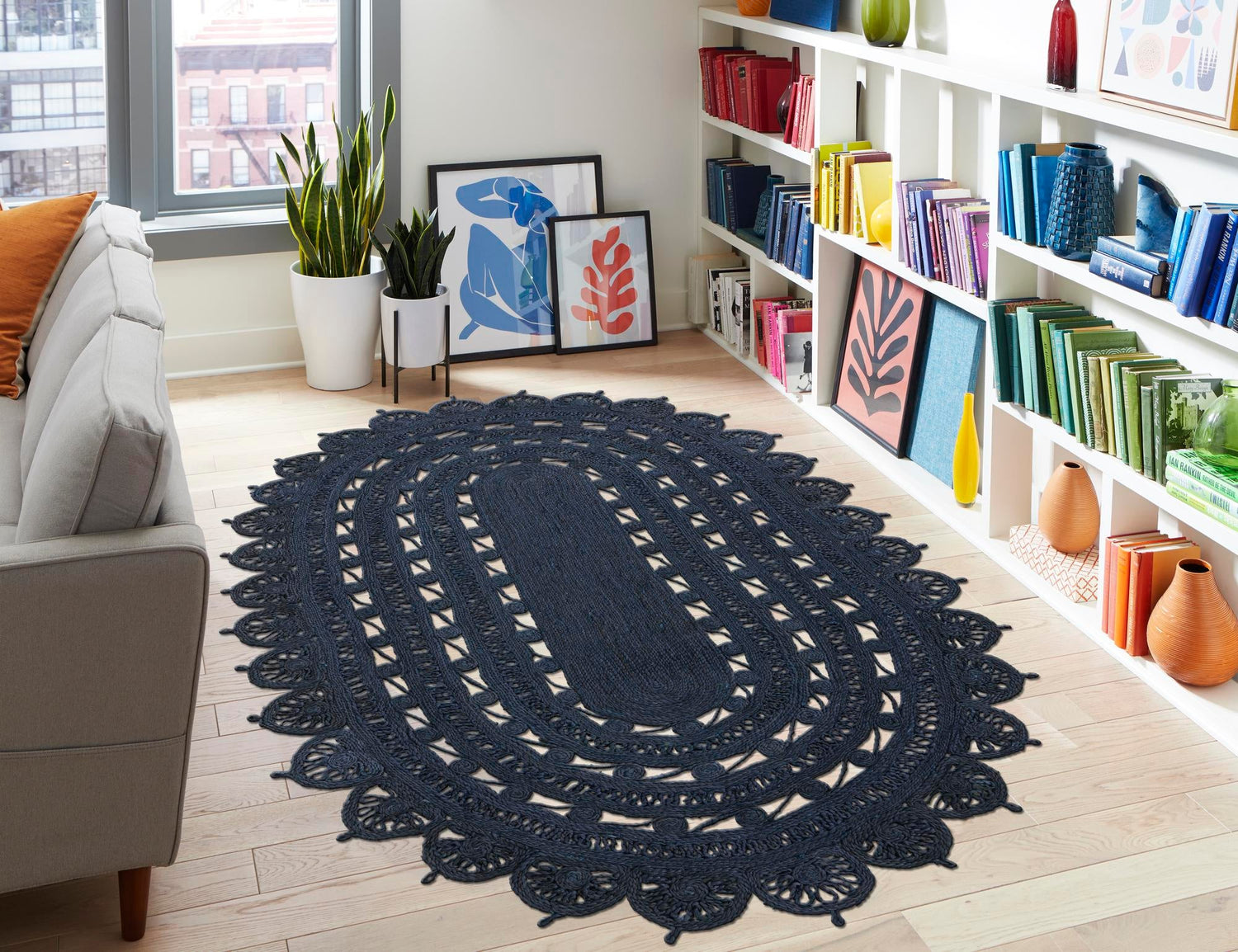 Navy Blue 7' 10 x 10' Braided Jute Oval Area Rug 100% Jute Hand Braided Natural Eco-Friendly Boho Style Carpet for Living Rooms Dining Office Space Dorms for Sale at Rug Engine