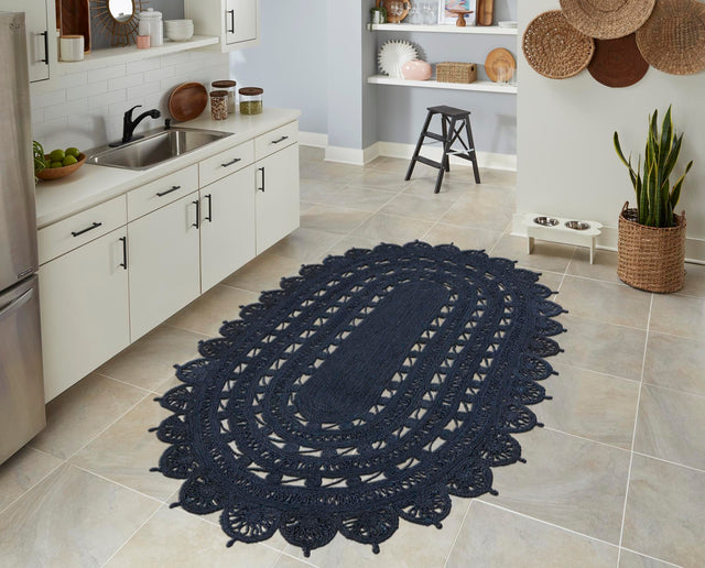 Navy Blue 4' 1 x 6' 1 Braided Jute Oval Rug