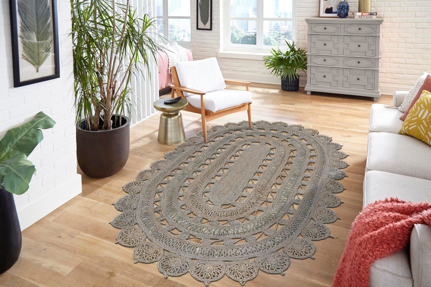 Gray 4' 1 x 6' 1 Braided Jute Oval Area Rug 100% Jute Hand Braided Natural Eco-Friendly Boho Style Carpet for Living Rooms Dining Office Space Dorms for Sale at Rug Engine