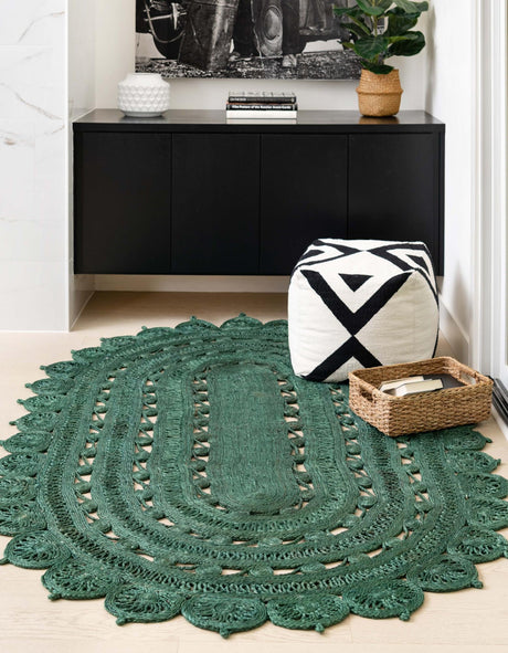 Hunter Green 7' 10 x 10' Braided Jute Oval Area Rug 100% Jute Hand Braided Natural Eco-Friendly Boho Style Carpet for Living Rooms Dining Office Space Dorms for Sale at Rug Engine