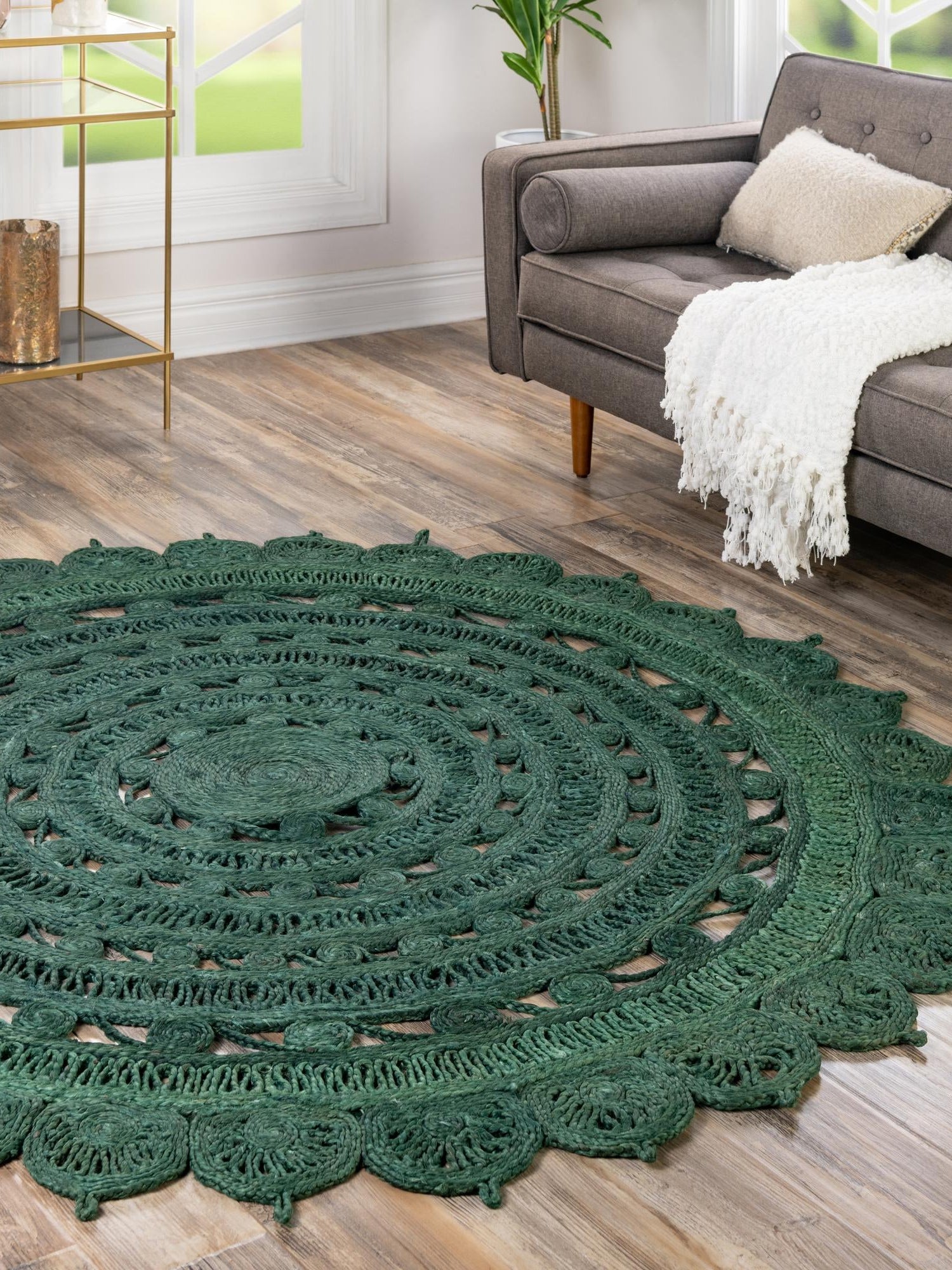 Hunter Green 4' 1 x 4' 1 Braided Jute Round Area Rug 100% Jute Hand Braided Natural Eco-Friendly Boho Style Carpet for Living Rooms Dining Office Space Dorms for Sale at Rug Engine