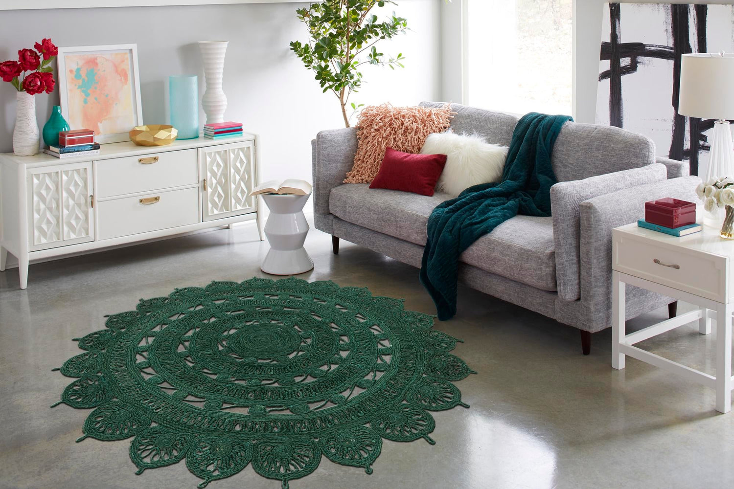 Hunter Green 4' 1 x 4' 1 Braided Jute Round Area Rug 100% Jute Hand Braided Natural Eco-Friendly Boho Style Carpet for Living Rooms Dining Office Space Dorms for Sale at Rug Engine