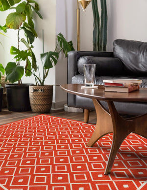 Rust Red 8' x 10' Outdoor Trellis Rectangle Area Rug Weather Resistant for Patio, Deck, Terrace, Balcony, Porch Geometric Design Water Safe Outside Carpet for Sale at Rug Engine