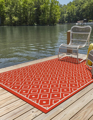 Rust Red 8' x 10' Outdoor Trellis Rectangle Area Rug Weather Resistant for Patio, Deck, Terrace, Balcony, Porch Geometric Design Water Safe Outside Carpet for Sale at Rug Engine