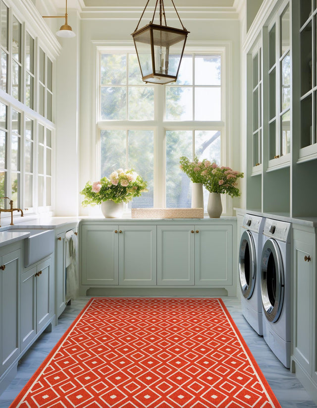Rust Red 8' x 10' Outdoor Trellis Rectangle Area Rug Weather Resistant for Patio, Deck, Terrace, Balcony, Porch Geometric Design Water Safe Outside Carpet for Sale at Rug Engine