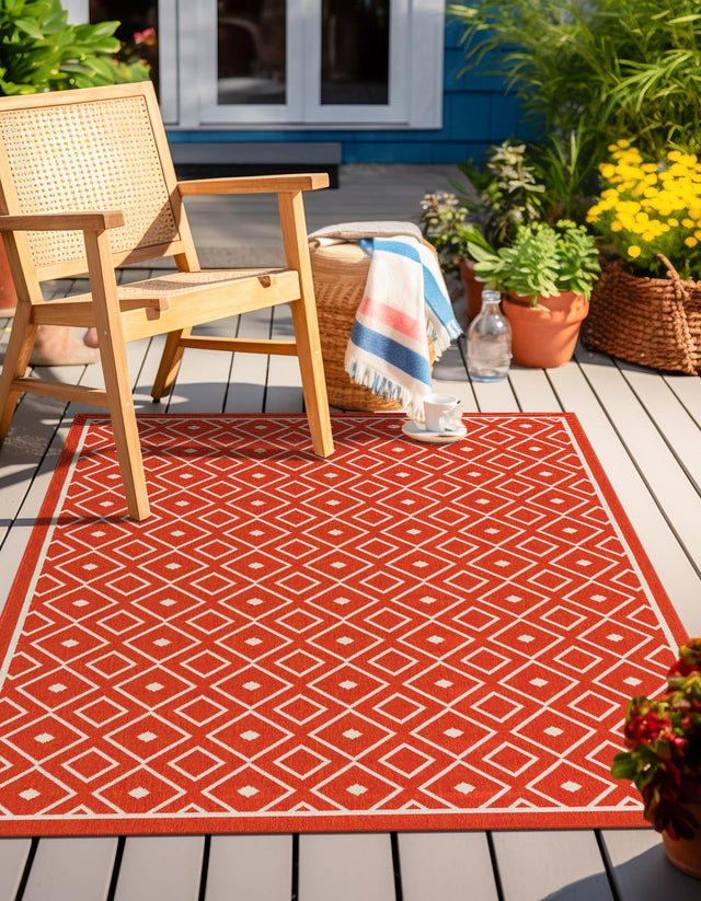 Rust Red 8' x 10' Outdoor Trellis Rectangle Area Rug Weather Resistant for Patio, Deck, Terrace, Balcony, Porch Geometric Design Water Safe Outside Carpet for Sale at Rug Engine
