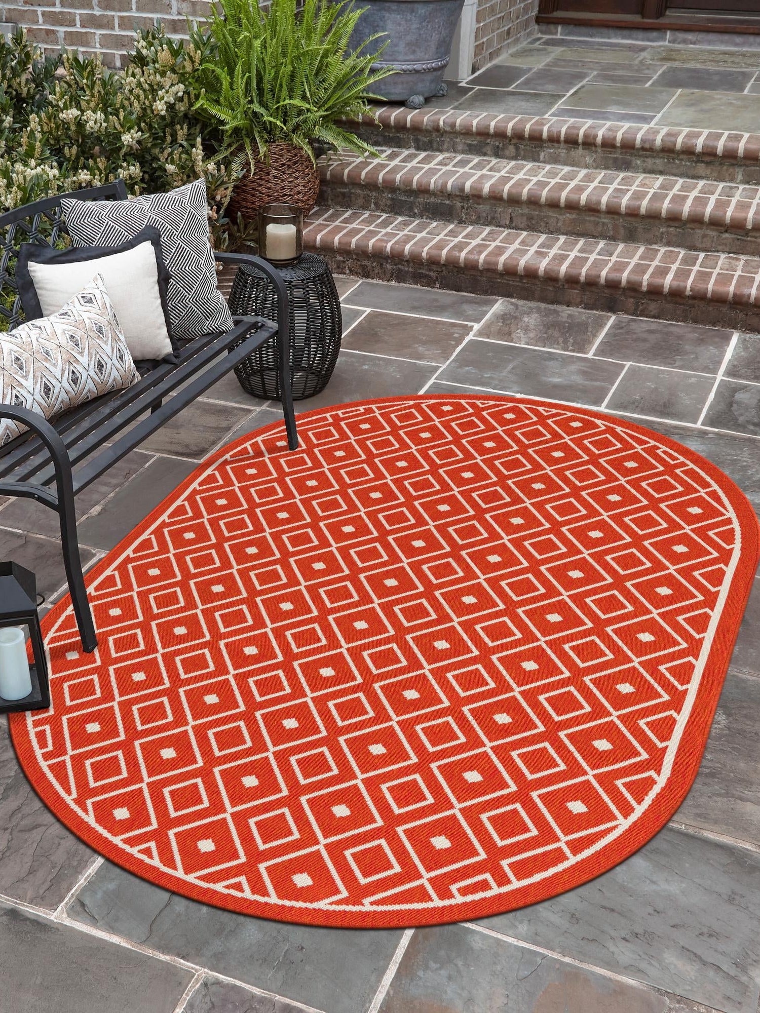 Rust Red 7' 10 x 10' Outdoor Trellis Oval Area Rug Weather Resistant for Patio, Deck, Terrace, Balcony, Porch Geometric Design Water Safe Outside Carpet for Sale at Rug Engine