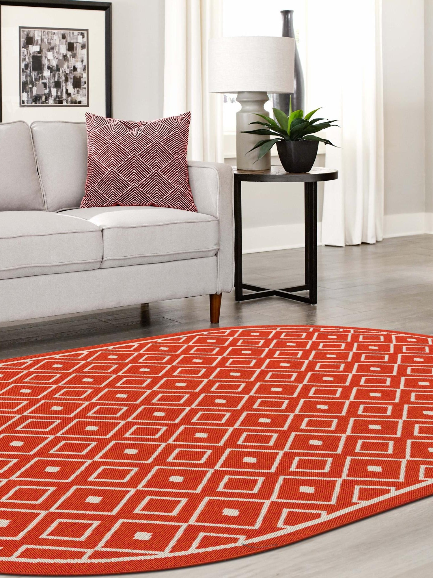 Rust Red 7' 10 x 10' Outdoor Trellis Oval Area Rug Weather Resistant for Patio, Deck, Terrace, Balcony, Porch Geometric Design Water Safe Outside Carpet for Sale at Rug Engine