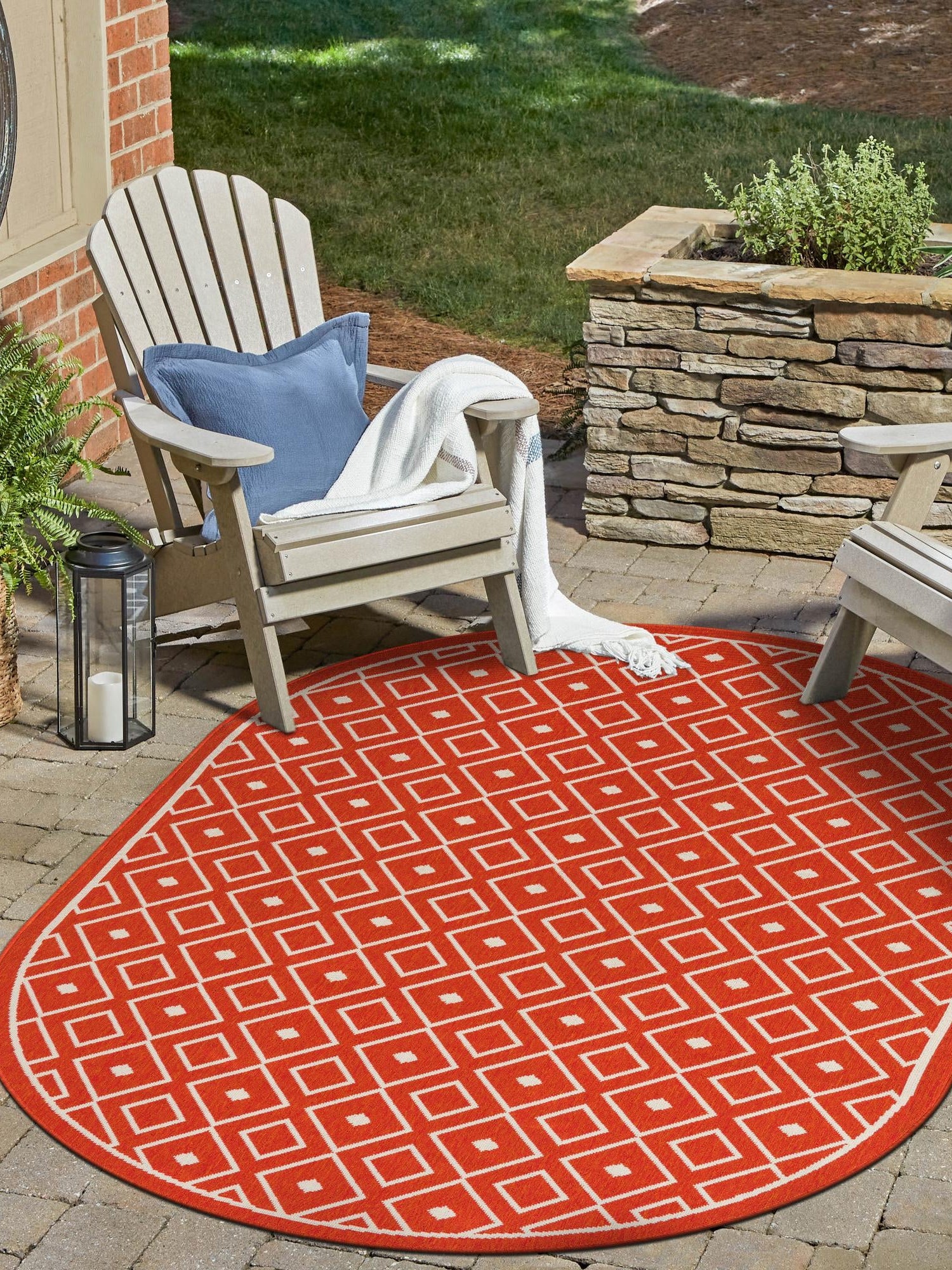 Rust Red 7' 10 x 10' Outdoor Trellis Oval Area Rug Weather Resistant for Patio, Deck, Terrace, Balcony, Porch Geometric Design Water Safe Outside Carpet for Sale at Rug Engine