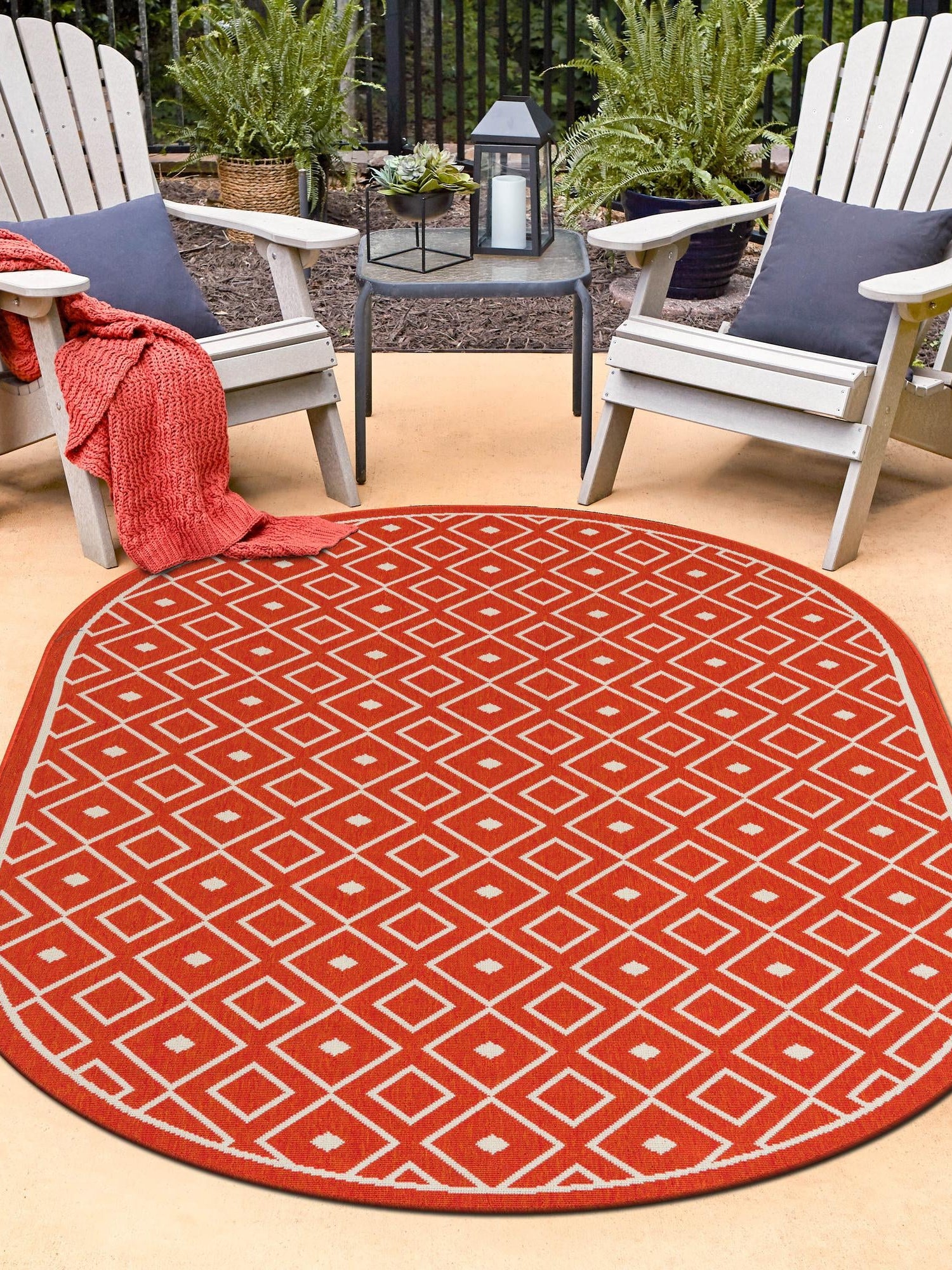 Rust Red 5' 3 x 8' Outdoor Trellis Oval Area Rug Weather Resistant for Patio, Deck, Terrace, Balcony, Porch Geometric Design Water Safe Outside Carpet for Sale at Rug Engine