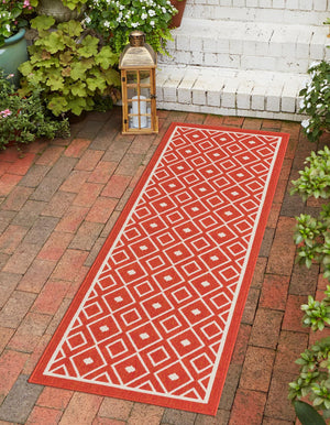 Rust Red 2' x 8' Outdoor Trellis Runner Area Rug Weather Resistant for Patio, Deck, Terrace, Balcony, Porch Geometric Design Water Safe Outside Carpet for Sale at Rug Engine