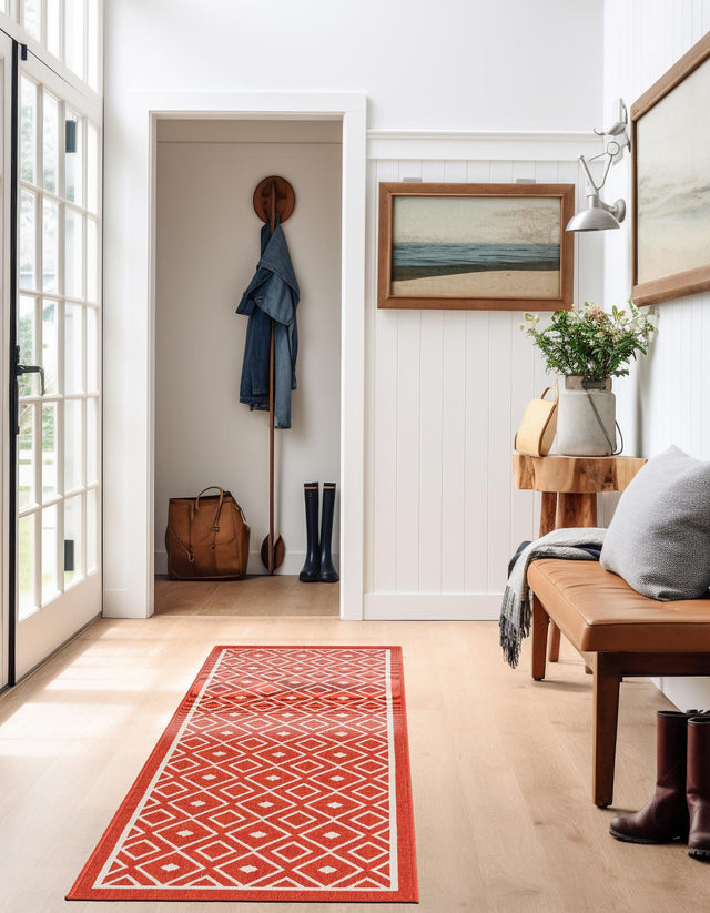 Rust Red 2' x 8' Outdoor Trellis Runner Area Rug Weather Resistant for Patio, Deck, Terrace, Balcony, Porch Geometric Design Water Safe Outside Carpet for Sale at Rug Engine
