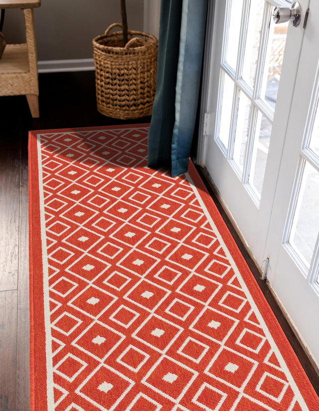 Rust Red 2' x 8' Outdoor Trellis Runner Area Rug Weather Resistant for Patio, Deck, Terrace, Balcony, Porch Geometric Design Water Safe Outside Carpet for Sale at Rug Engine
