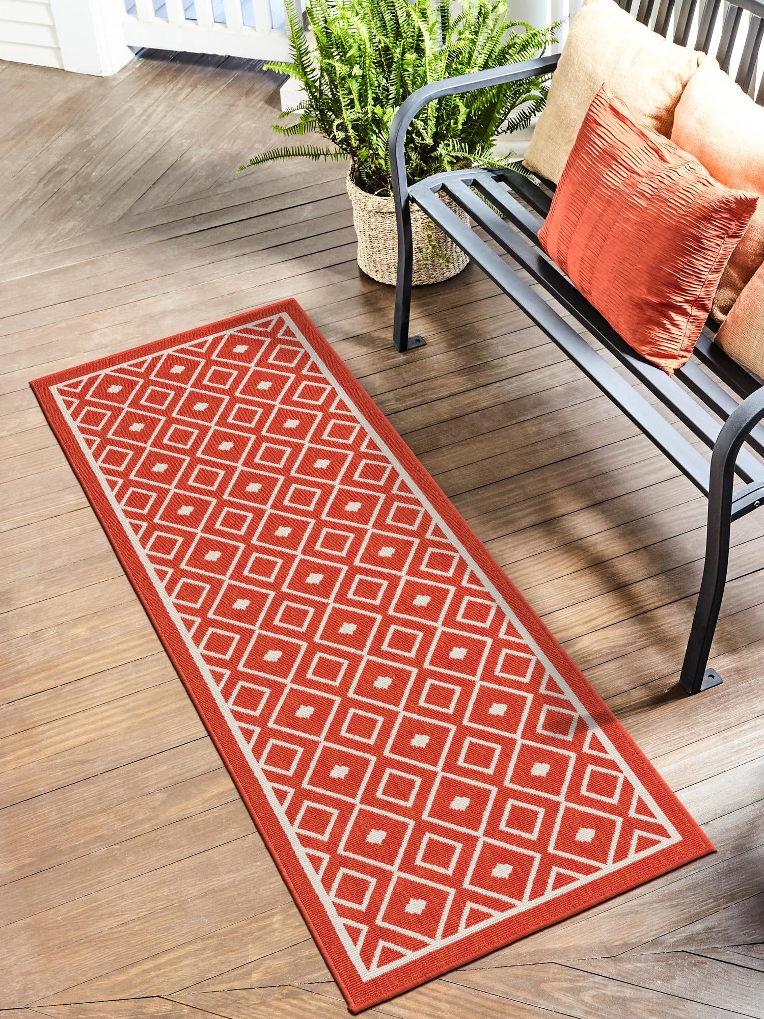 Rust Red 2' x 8' Outdoor Trellis Runner Area Rug Weather Resistant for Patio, Deck, Terrace, Balcony, Porch Geometric Design Water Safe Outside Carpet for Sale at Rug Engine