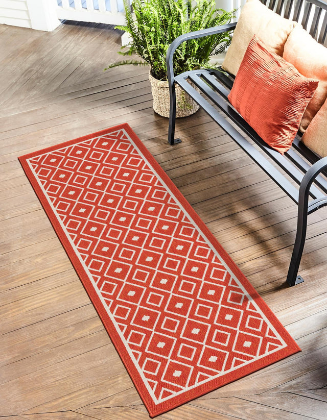 Rust Red 2' x 8' Outdoor Trellis Runner Area Rug Weather Resistant for Patio, Deck, Terrace, Balcony, Porch Geometric Design Water Safe Outside Carpet for Sale at Rug Engine