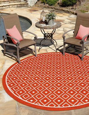 Rust Red 7' 1 x 7' 1 Outdoor Trellis Round Area Rug Weather Resistant for Patio, Deck, Terrace, Balcony, Porch Geometric Design Water Safe Outside Carpet for Sale at Rug Engine