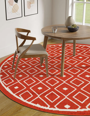 Rust Red 7' 1 x 7' 1 Outdoor Trellis Round Area Rug Weather Resistant for Patio, Deck, Terrace, Balcony, Porch Geometric Design Water Safe Outside Carpet for Sale at Rug Engine