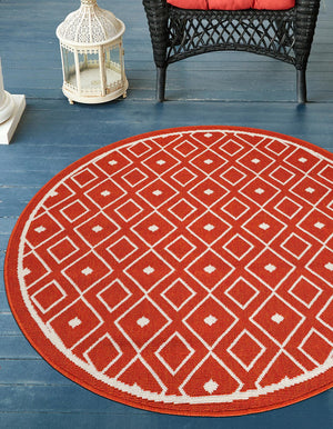 Rust Red 7' 1 x 7' 1 Outdoor Trellis Round Area Rug Weather Resistant for Patio, Deck, Terrace, Balcony, Porch Geometric Design Water Safe Outside Carpet for Sale at Rug Engine