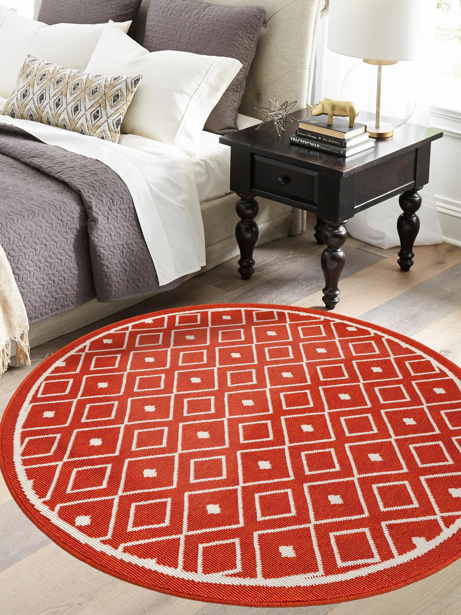 Rust Red 4' 1 x 4' 1 Outdoor Trellis Round Area Rug Weather Resistant for Patio, Deck, Terrace, Balcony, Porch Geometric Design Water Safe Outside Carpet for Sale at Rug Engine