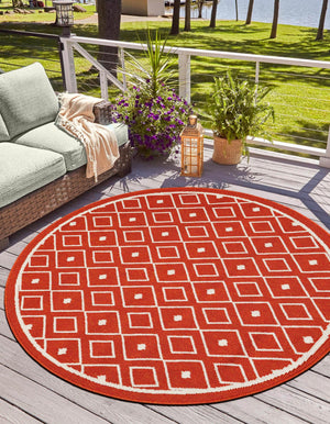 Rust Red 7' 1 x 7' 1 Outdoor Trellis Round Area Rug Weather Resistant for Patio, Deck, Terrace, Balcony, Porch Geometric Design Water Safe Outside Carpet for Sale at Rug Engine