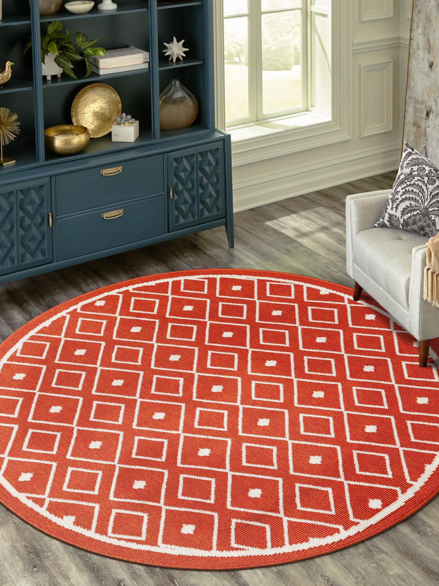 Rust Red 4' 1 x 4' 1 Outdoor Trellis Round Area Rug Weather Resistant for Patio, Deck, Terrace, Balcony, Porch Geometric Design Water Safe Outside Carpet for Sale at Rug Engine