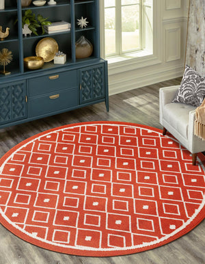 Rust Red 4' 1 x 4' 1 Outdoor Trellis Round Area Rug Weather Resistant for Patio, Deck, Terrace, Balcony, Porch Geometric Design Water Safe Outside Carpet for Sale at Rug Engine