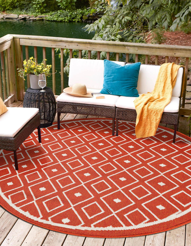 Rust Red 7' 1 x 7' 1 Outdoor Trellis Round Area Rug Weather Resistant for Patio, Deck, Terrace, Balcony, Porch Geometric Design Water Safe Outside Carpet for Sale at Rug Engine