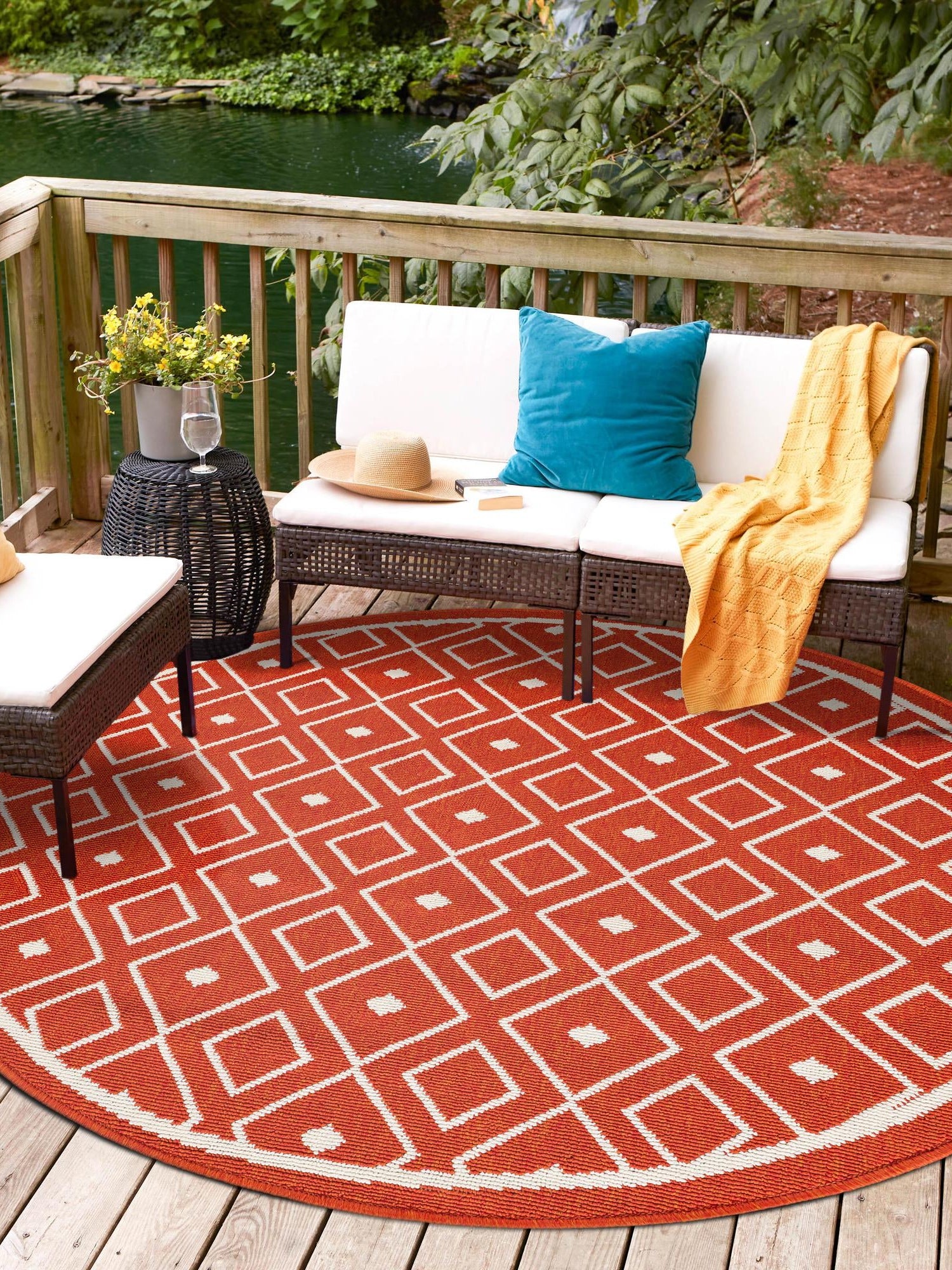 Rust Red 4' 1 x 4' 1 Outdoor Trellis Round Area Rug Weather Resistant for Patio, Deck, Terrace, Balcony, Porch Geometric Design Water Safe Outside Carpet for Sale at Rug Engine