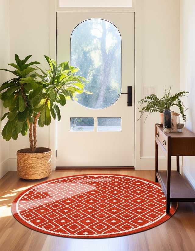 Rust Red 7' 1 x 7' 1 Outdoor Trellis Round Area Rug Weather Resistant for Patio, Deck, Terrace, Balcony, Porch Geometric Design Water Safe Outside Carpet for Sale at Rug Engine