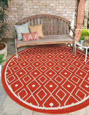 Rust Red 7' 1 x 7' 1 Outdoor Trellis Round Area Rug Weather Resistant for Patio, Deck, Terrace, Balcony, Porch Geometric Design Water Safe Outside Carpet for Sale at Rug Engine