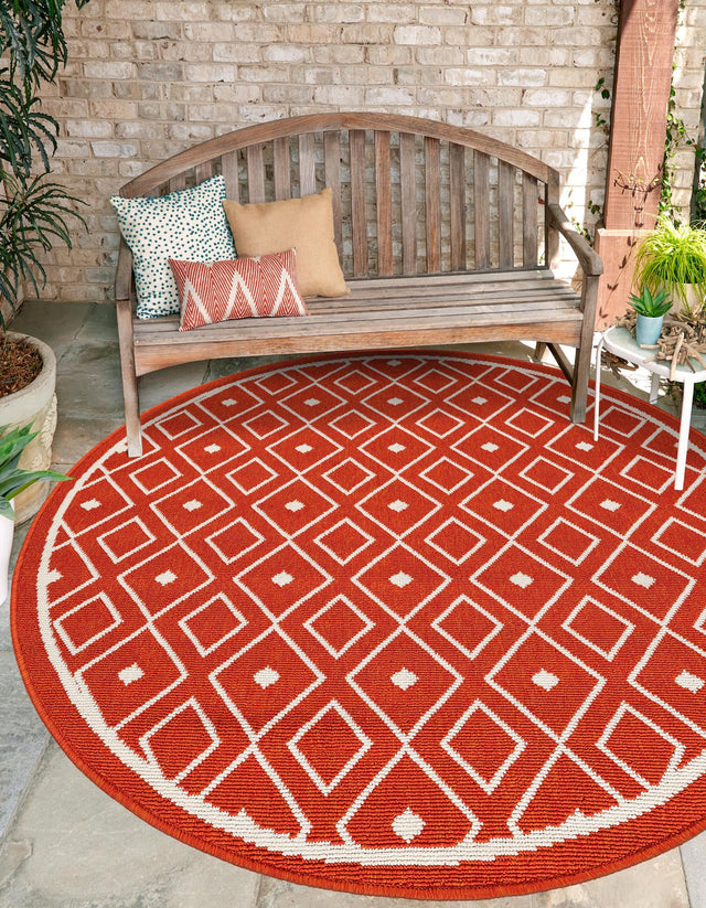 Rust Red 4' 1 x 4' 1 Outdoor Trellis Round Area Rug Weather Resistant for Patio, Deck, Terrace, Balcony, Porch Geometric Design Water Safe Outside Carpet for Sale at Rug Engine