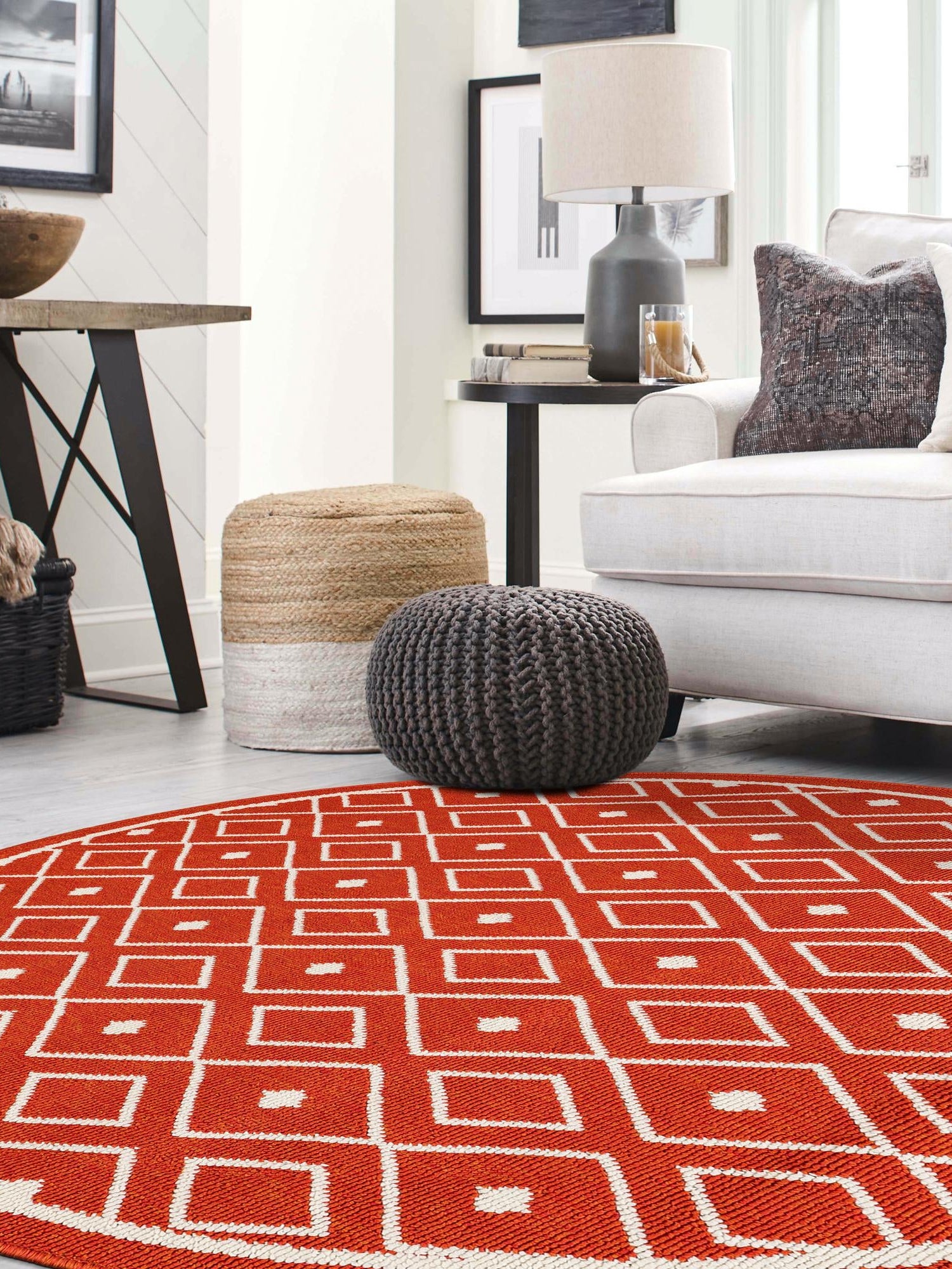 Rust Red 4' 1 x 4' 1 Outdoor Trellis Round Area Rug Weather Resistant for Patio, Deck, Terrace, Balcony, Porch Geometric Design Water Safe Outside Carpet for Sale at Rug Engine