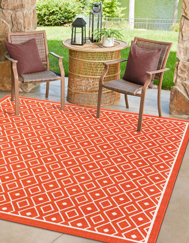 Rust Red 7' 10 x 7' 10 Outdoor Trellis Square Area Rug Weather Resistant for Patio, Deck, Terrace, Balcony, Porch Geometric Design Water Safe Outside Carpet for Sale at Rug Engine