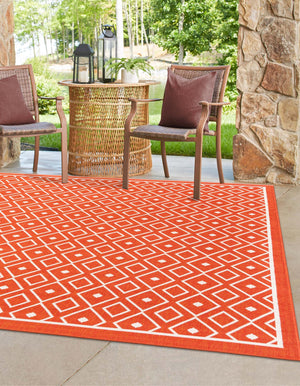 Rust Red 7' 10 x 7' 10 Outdoor Trellis Square Area Rug Weather Resistant for Patio, Deck, Terrace, Balcony, Porch Geometric Design Water Safe Outside Carpet for Sale at Rug Engine