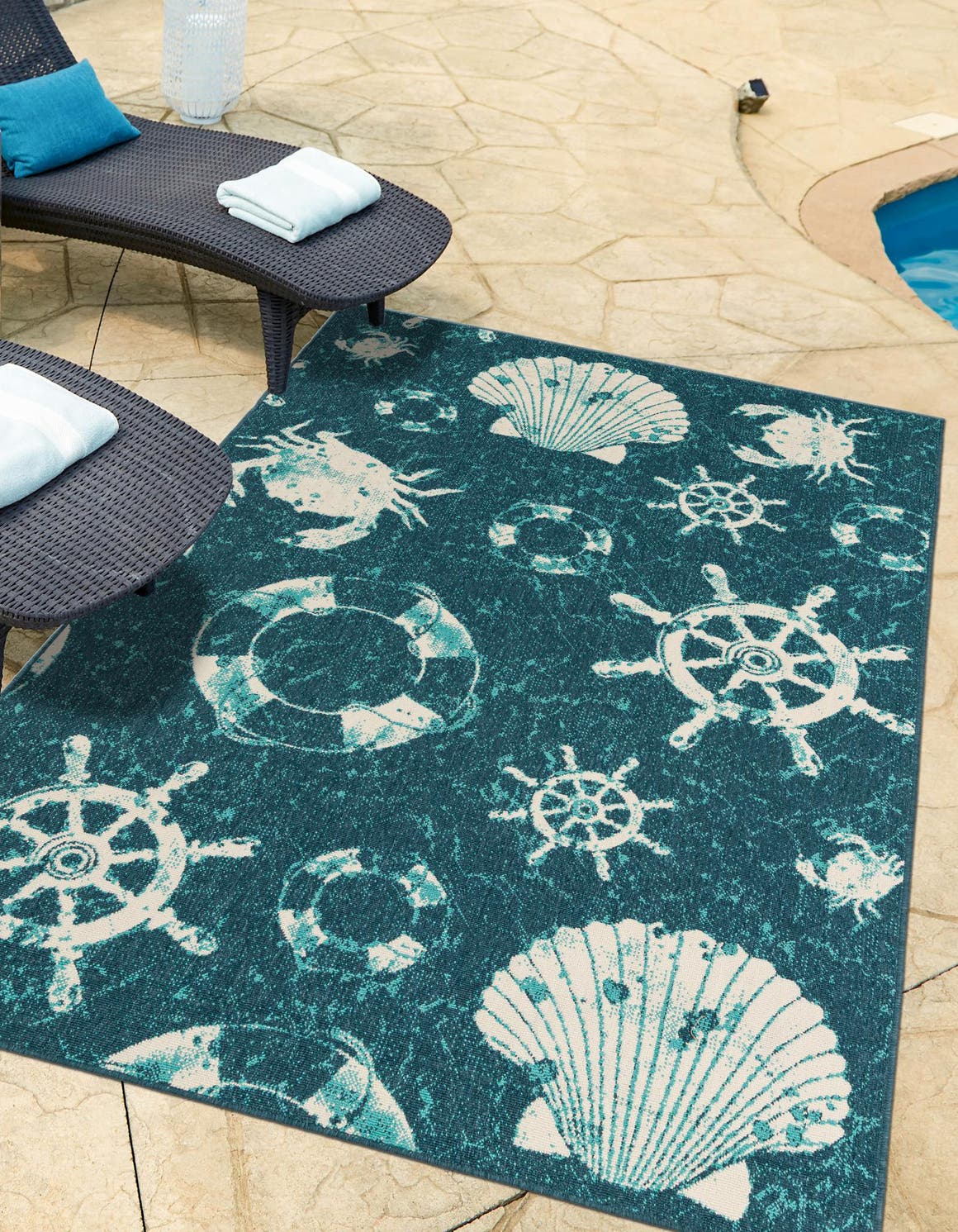 Navy Blue 9' x 12' Outdoor Coastal Rectangle Area Rug Weather Resistant for Patio, Deck, Terrace, Balcony, Porch 100% Polypropylene Coastal Decor Carpet for Sale at Rug Engine