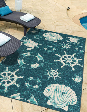 Navy Blue 7' 10 x 10' Outdoor Coastal Rectangle Area Rug Weather Resistant for Patio, Deck, Terrace, Balcony, Porch 100% Polypropylene Coastal Decor Carpet for Sale at Rug Engine