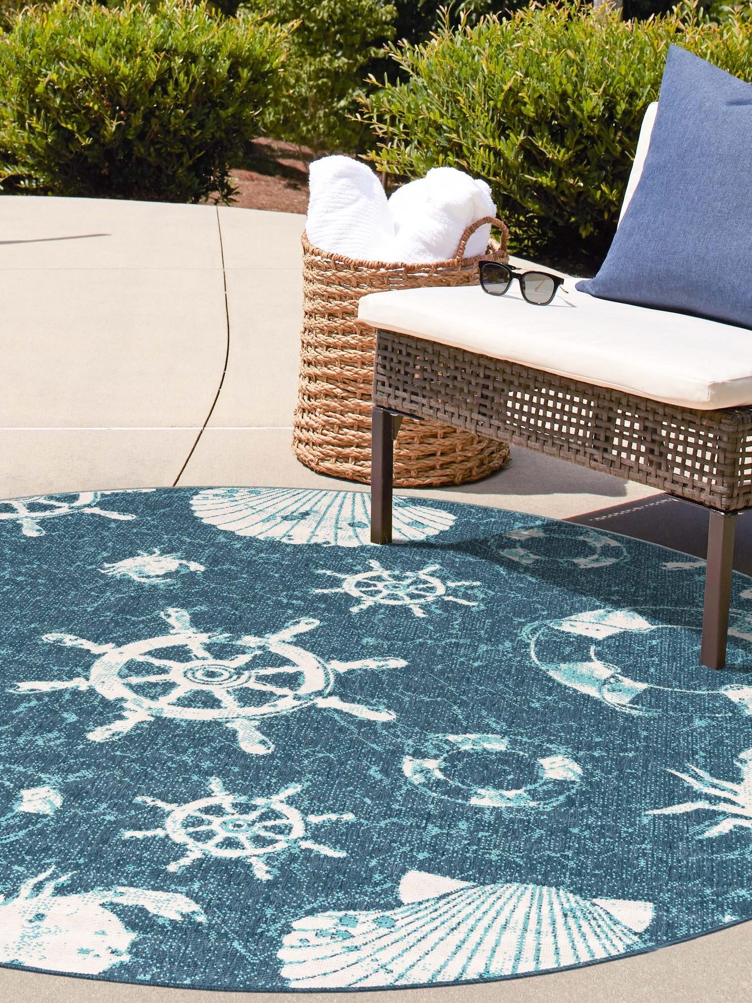 Navy Blue 4' 1 x 4' 1 Outdoor Coastal Round Area Rug Weather Resistant for Patio, Deck, Terrace, Balcony, Porch 100% Polypropylene Coastal Decor Carpet for Sale at Rug Engine