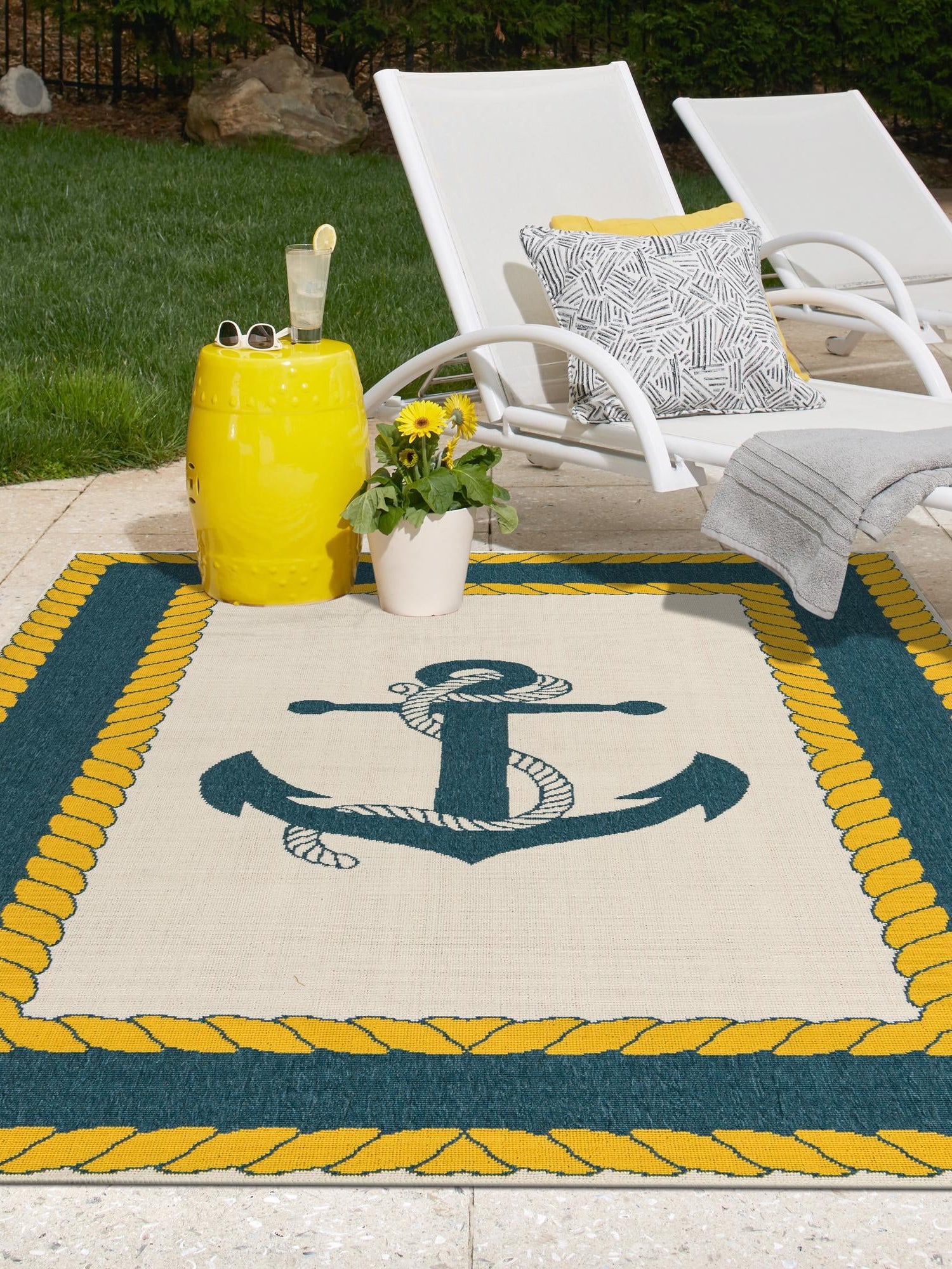 Ivory 4' 1 x 6' 1 Outdoor Coastal Rectangle Area Rug Weather Resistant for Patio, Deck, Terrace, Balcony, Porch 100% Polypropylene Coastal Decor Carpet for Sale at Rug Engine